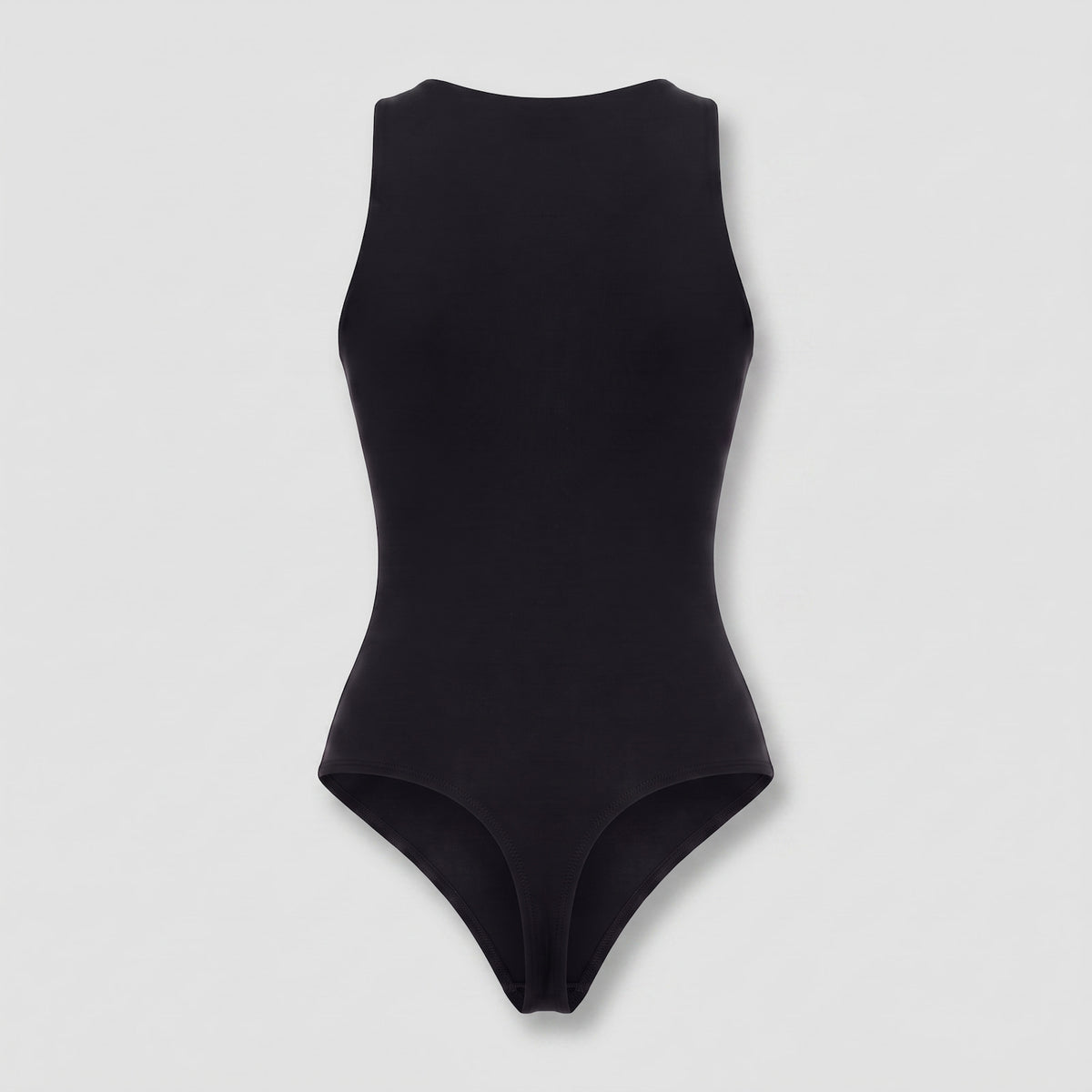 A black sleeveless bodysuit or leotard shown flat against a light gray background.
