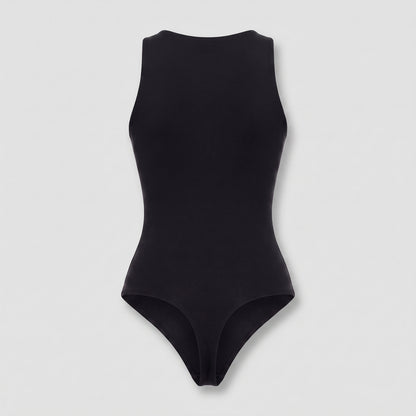 A black sleeveless bodysuit or leotard shown flat against a light gray background.