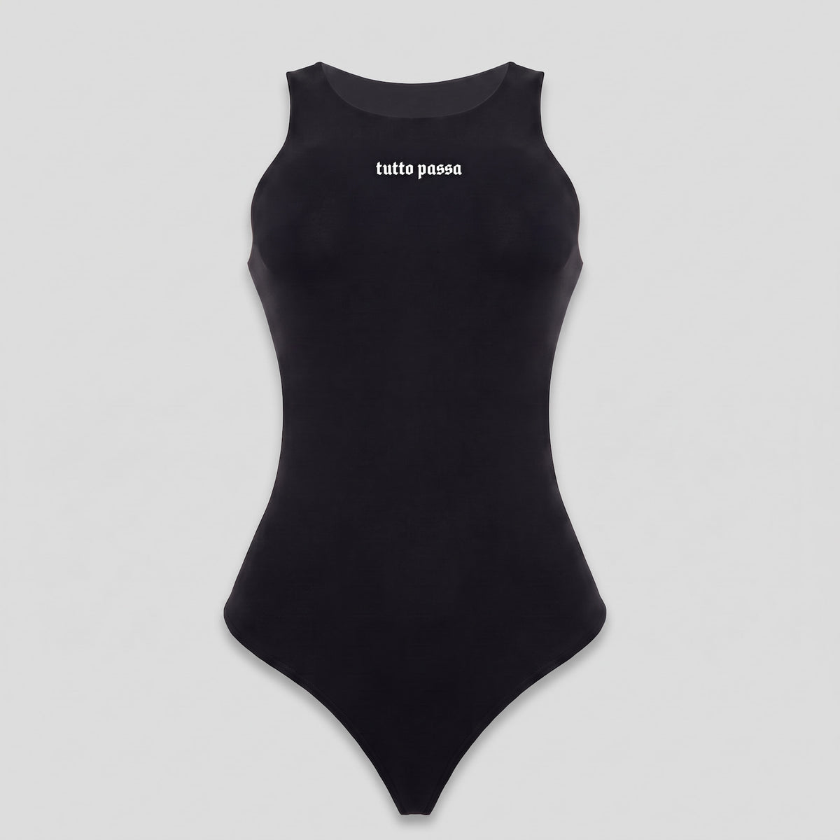 A black sleeveless bodysuit with the white text 'tutto passa' printed across the chest, displayed on a neutral light gray background.
